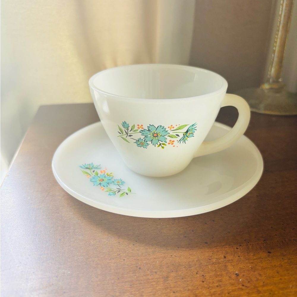 Vintage Fire King Blue Flower Milk Glass Cup & Saucer